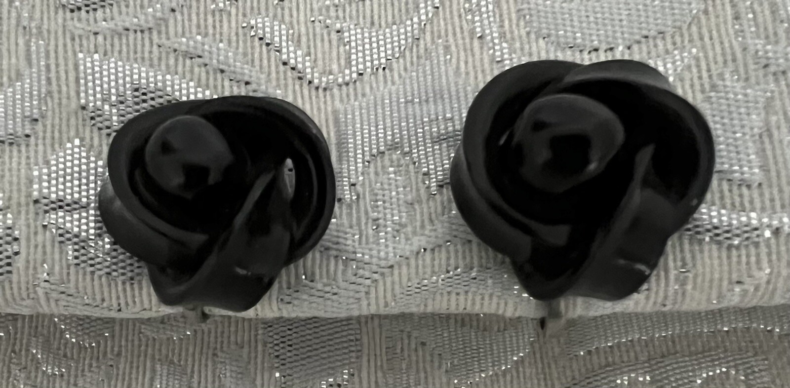 Vintage Celluloid Screw Back Earrings • BLACK Rose Knot Silver Tone • 5/8”