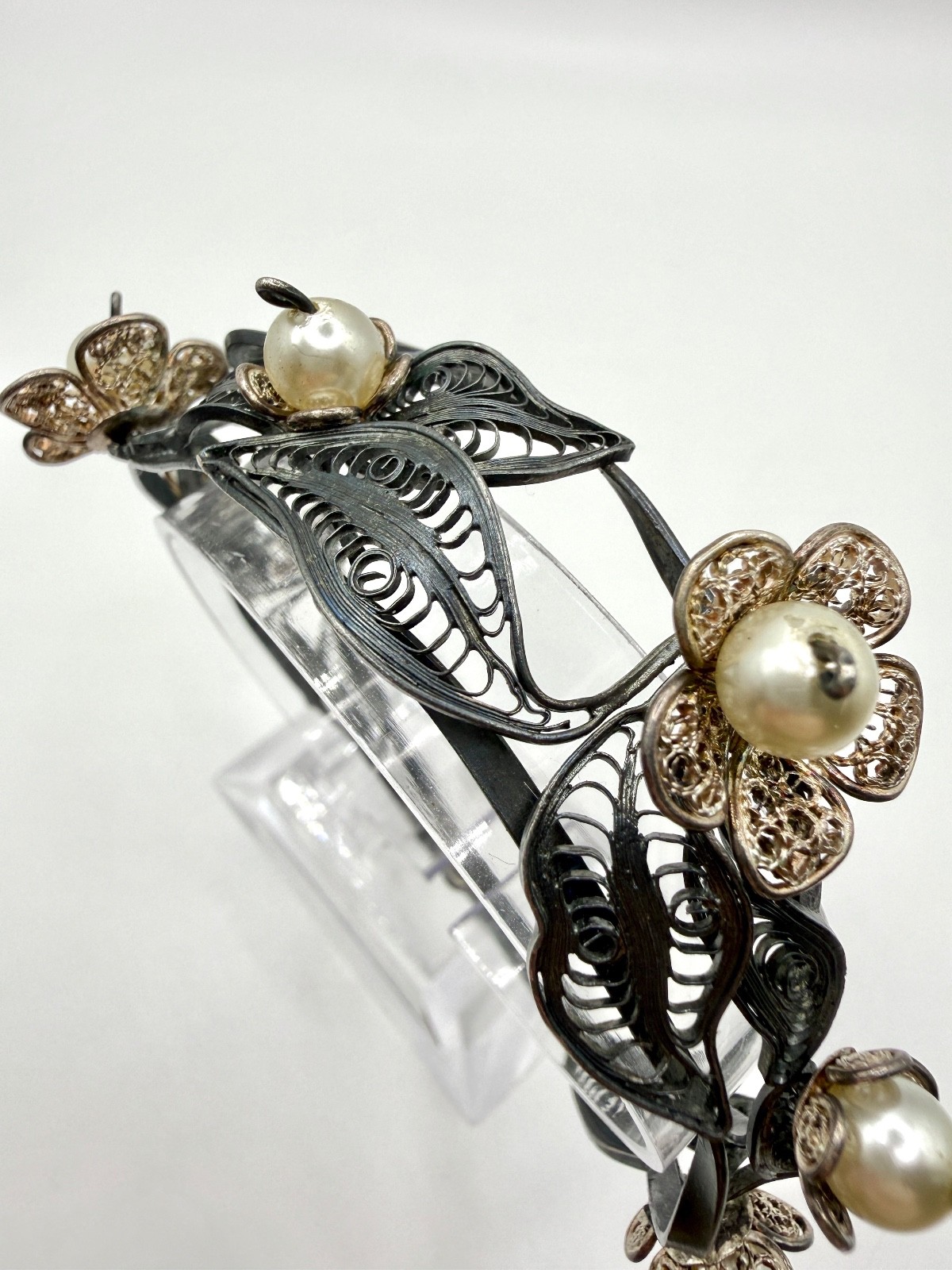 Rare Vintage Soviet USSR 960/950 Silver Filigree Hinged Cuff Bracelet Faux Pearl