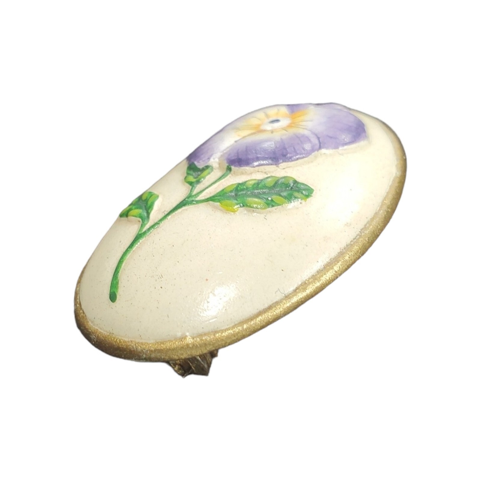 Vintage Pansy Flower Brooch Pin Oval Purple Cream Gold Tone 1-3/8″ Green