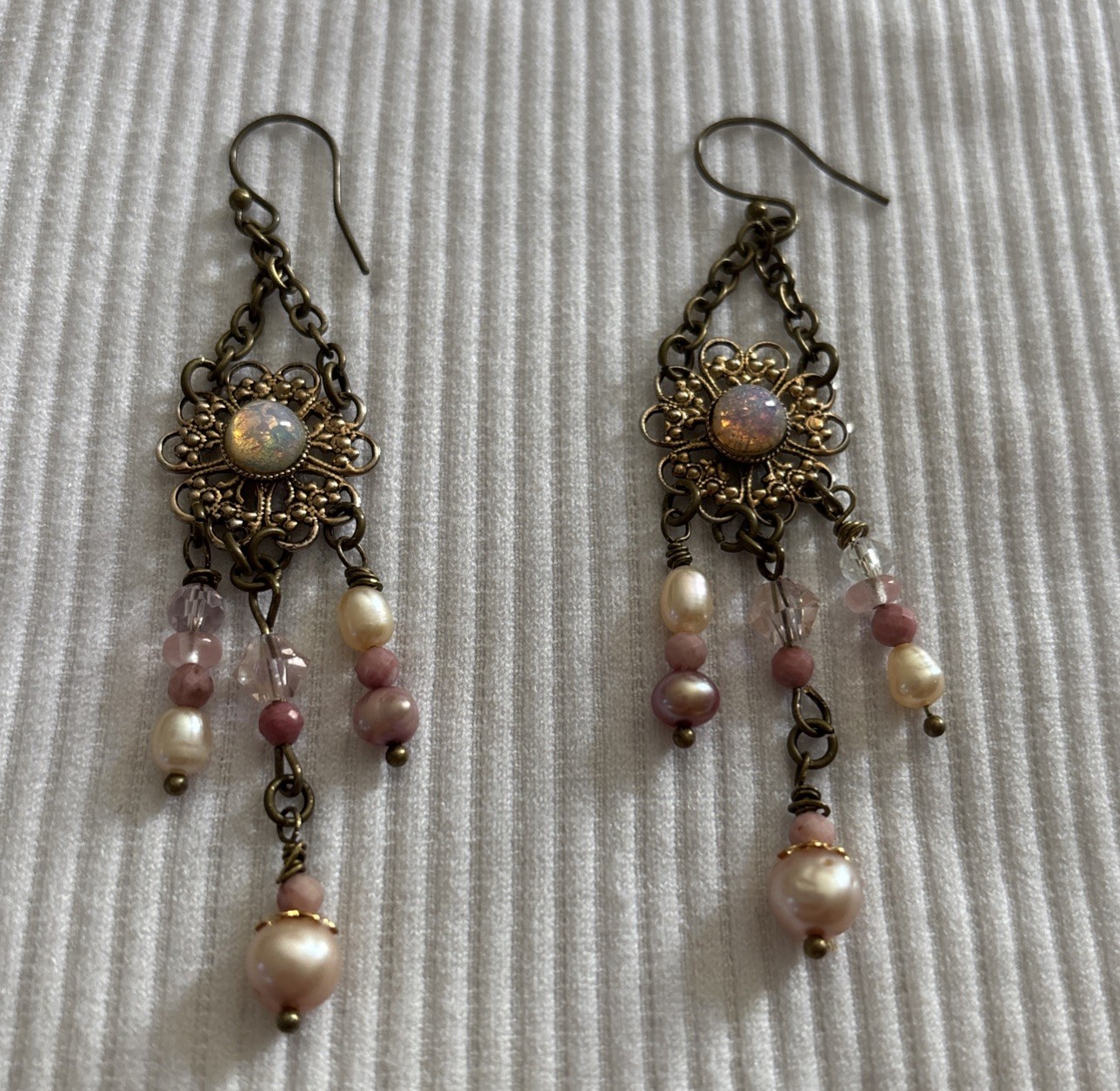 Vintage Boho Earrings Brass-Tone w/Opal-Glass on Alloy Filigree, Pearl+ danglers