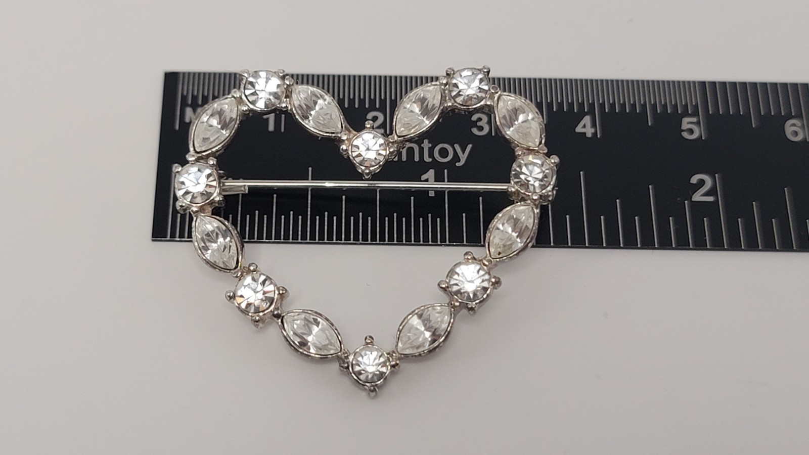 Navette & Round Rhinestones Heart Shaped Brooch Pin Silver Tone