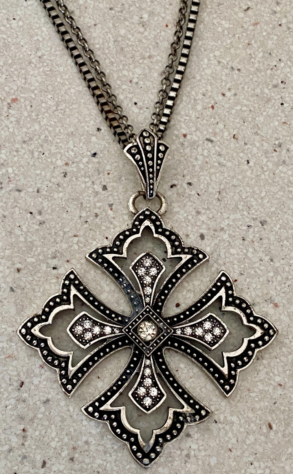 Vtg Jerusalem Cross Pendant Lariat Chain Silver Tone Necklace Double Strand