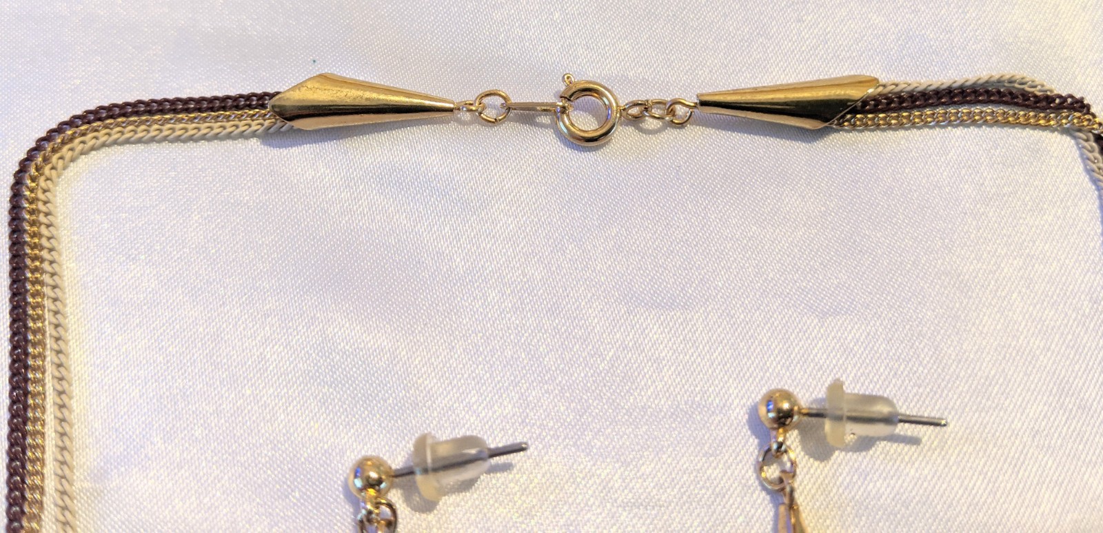 Vintage Tri-tone Chain Necklace & Dangle Earrings Set NOS Brown Ivory Gold Tone