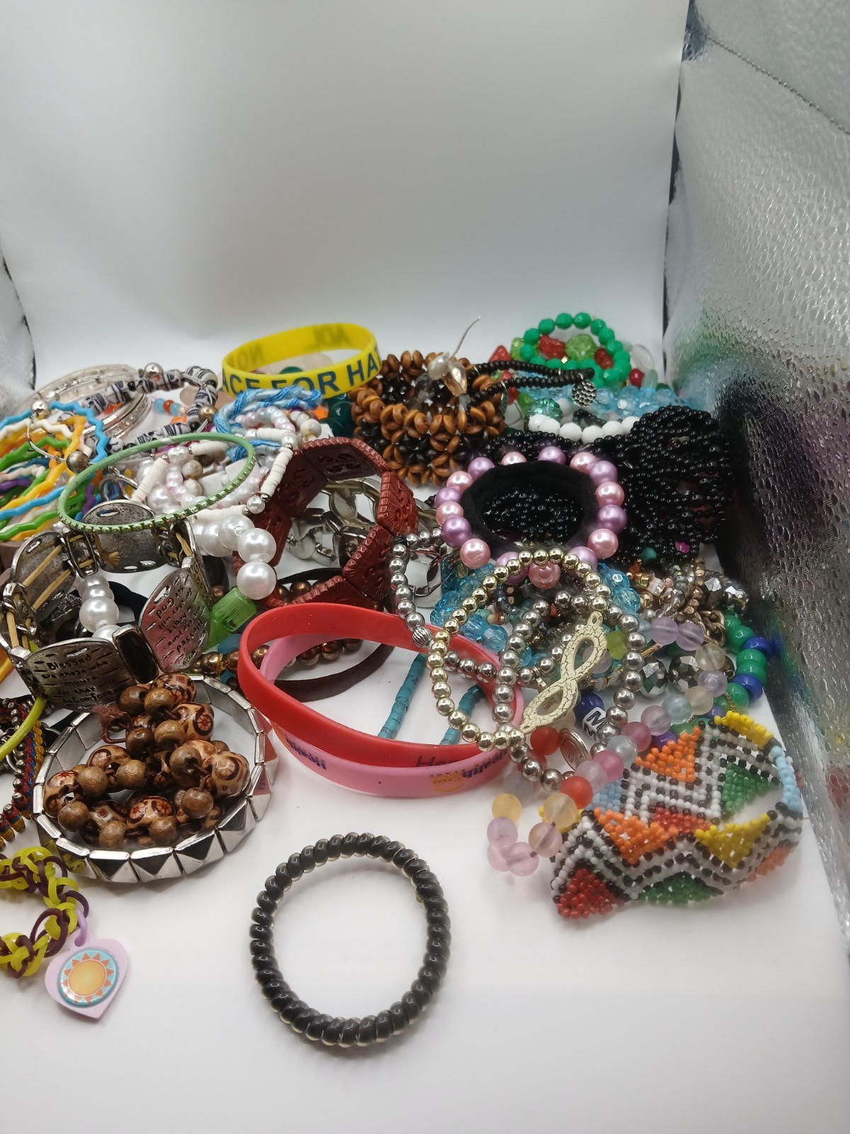 Stretch Bracelet Bulk Lot Rubber Silver Toned Colorful Assorted Jewelry Wearable