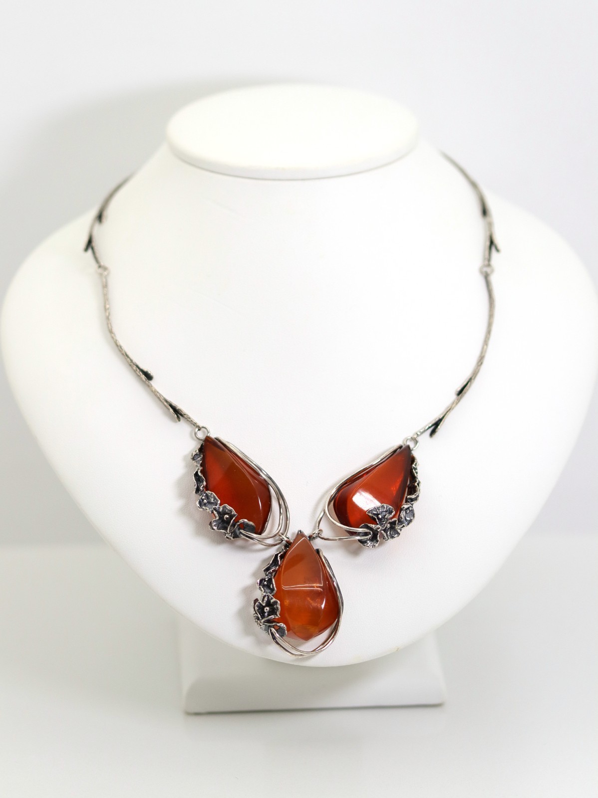Vintage 925 Sterling Silver Amber Flower Floral Pendant Necklace L: 45cm