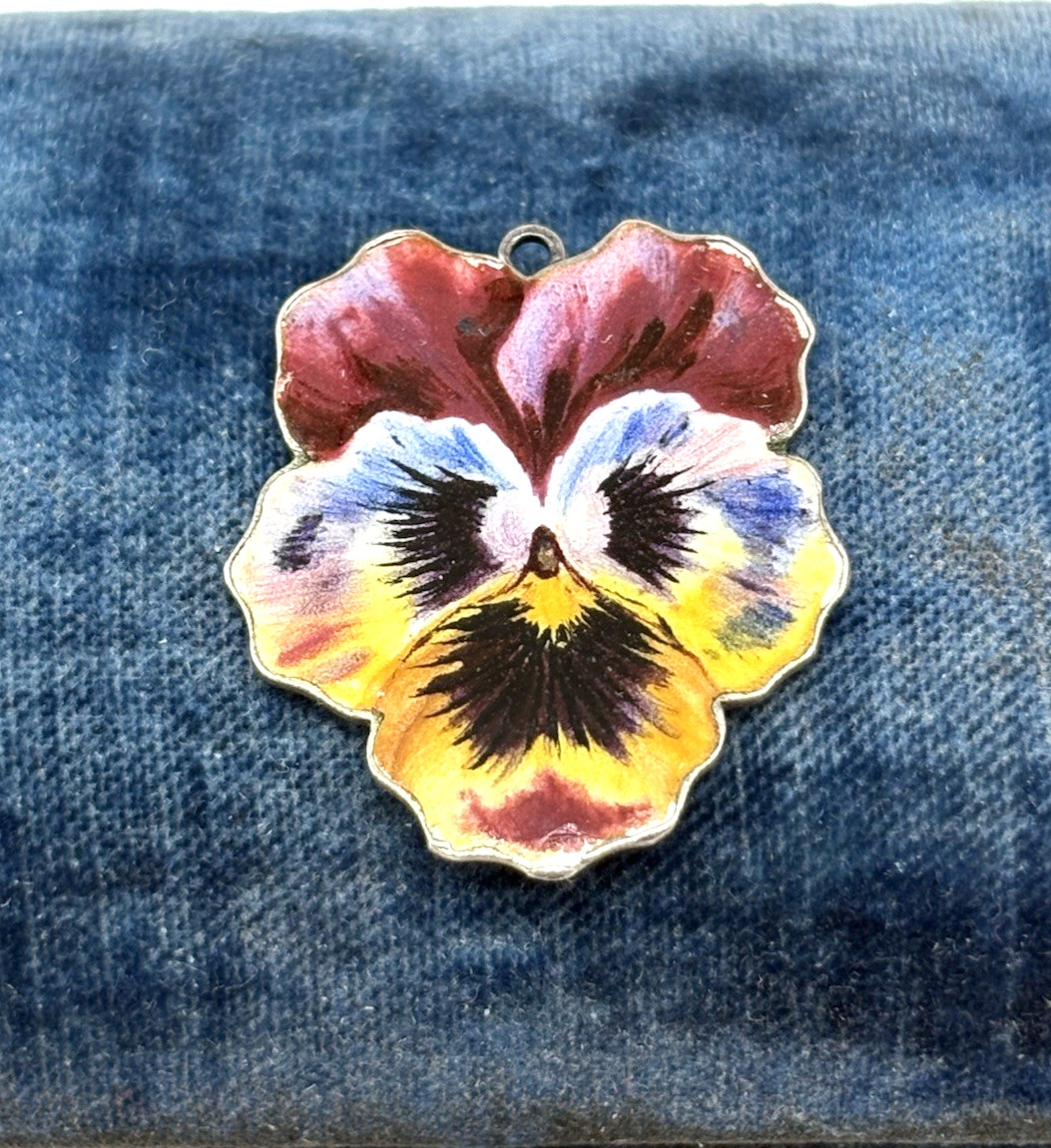 CN Marked 830 Silver Pansy Pendant Guilloche Enamel Flower Charm Antique