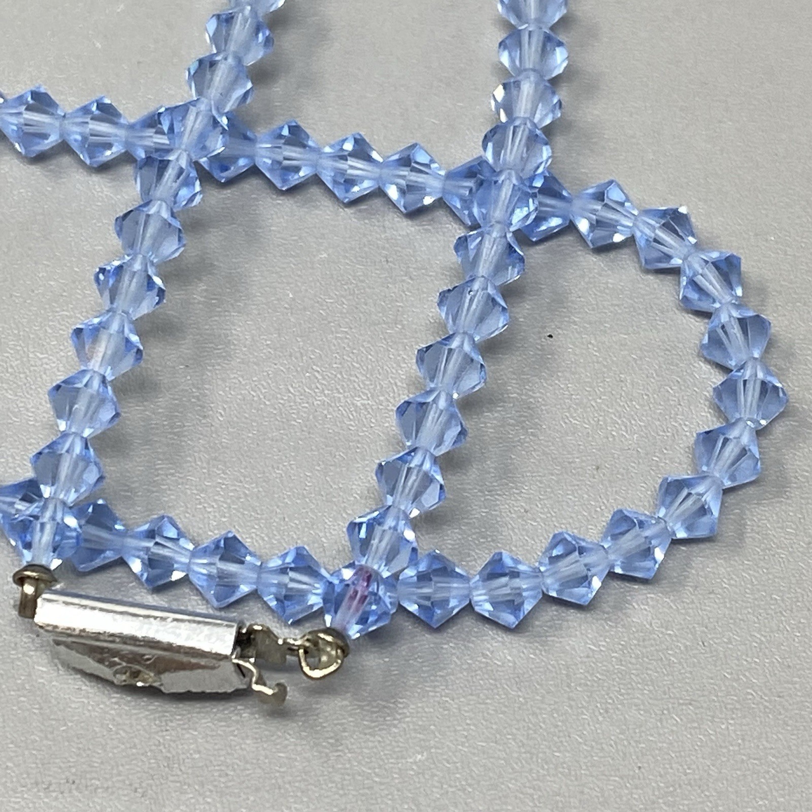 Light Blue Glass Beaded Necklace Bicone Faceted Shiny Fire Polished Vintage 24″