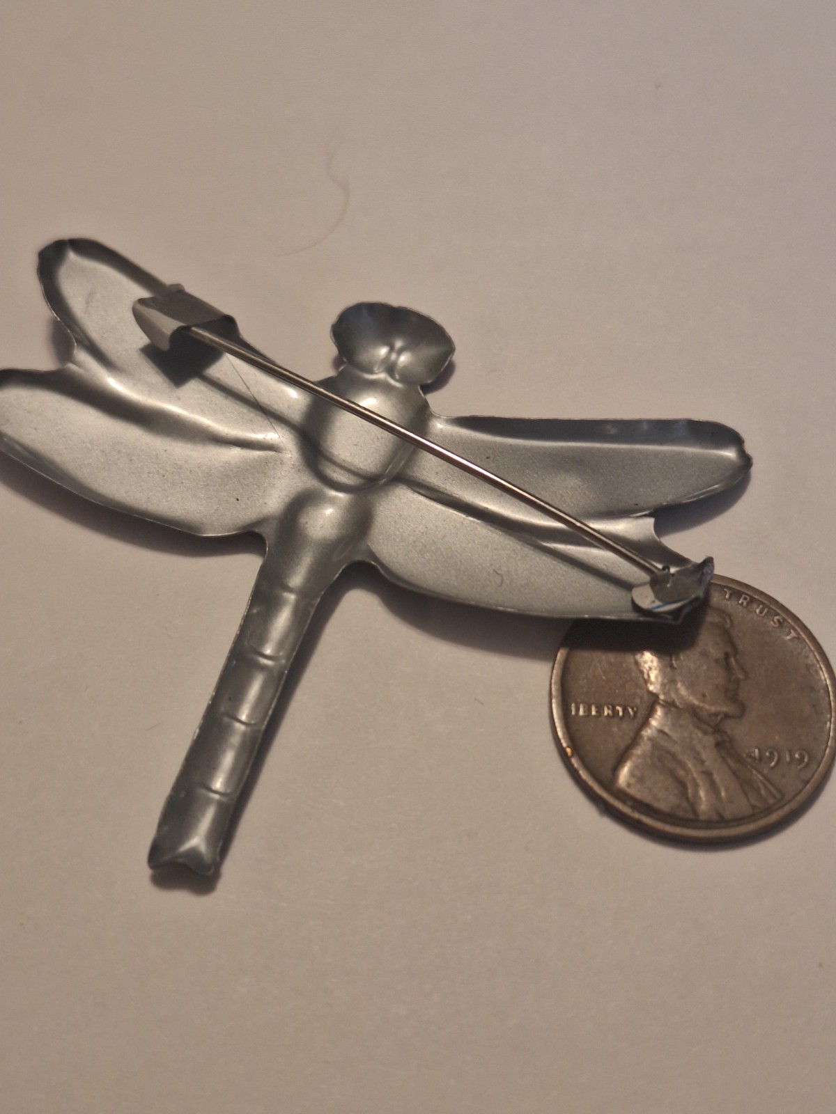 Vintage Tin Litho Bug Purple Dragonfly Brooch Pin Japan