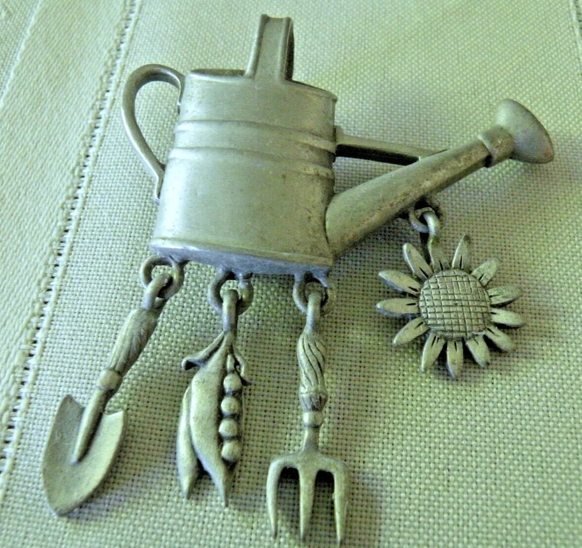 Vtg. JJ Jonette Silver Tone Garden Theme Tools, Watering Can, Flower, Dangle Pin