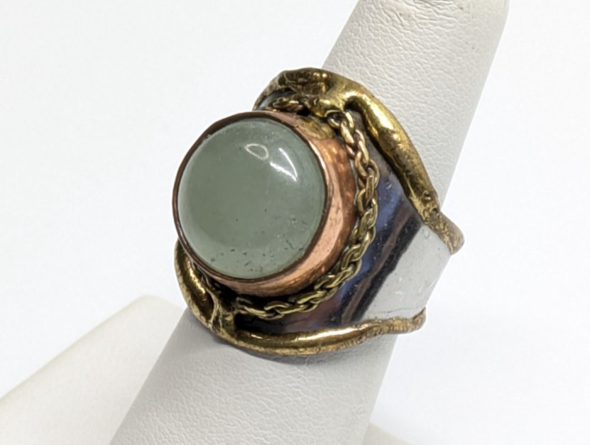 VTG Brass Copper Silver Tone Green Nephrite Statement Ring Sz 7 Adjustable Boho