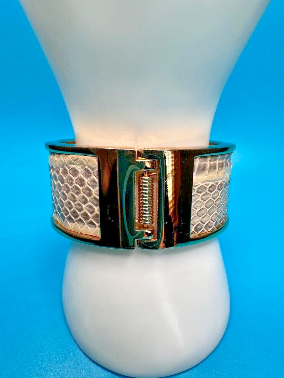 Vintage Stella & Dot Bracelet Clamper Gold Tone Faux Snakeskin Crystal Accents