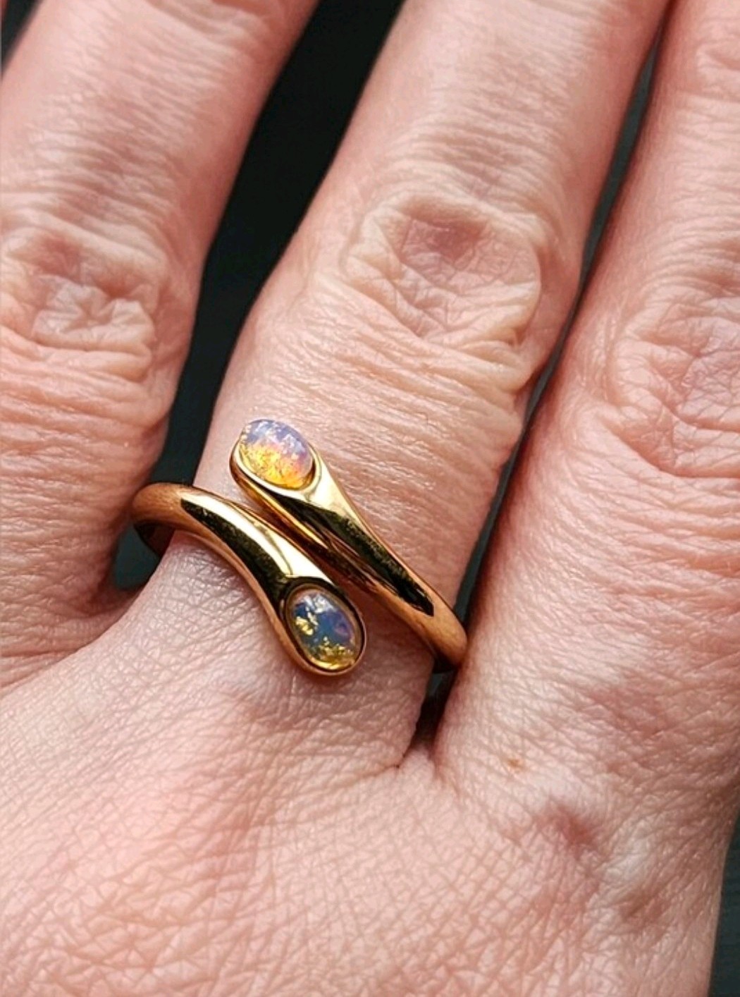 Vintage Foil Opal Bypass Ring Size 8