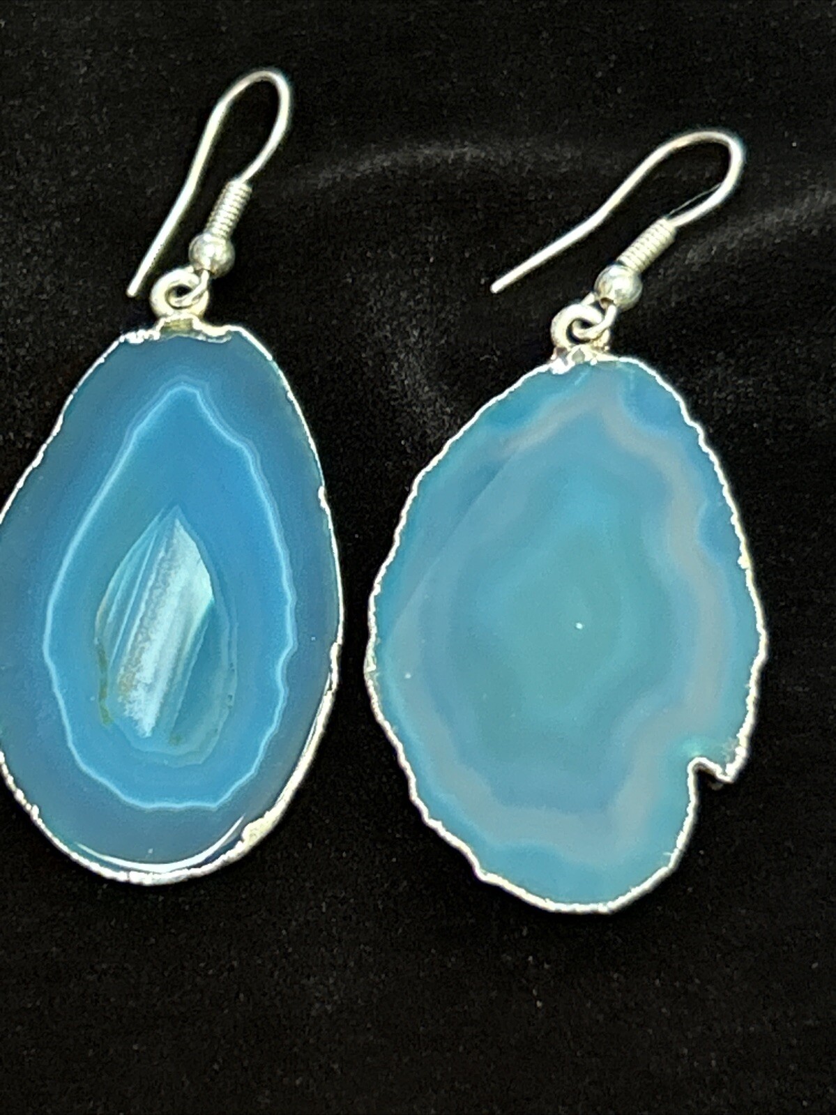 Vintage Silver Tone Blue Geode Slice Dangle Drop Pierced Earrings Large 2.25”