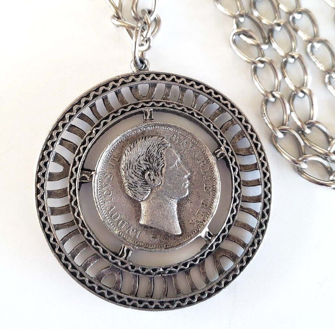 Vintage Medallion Coin Silver Tone Clasp Less Necklace 28″