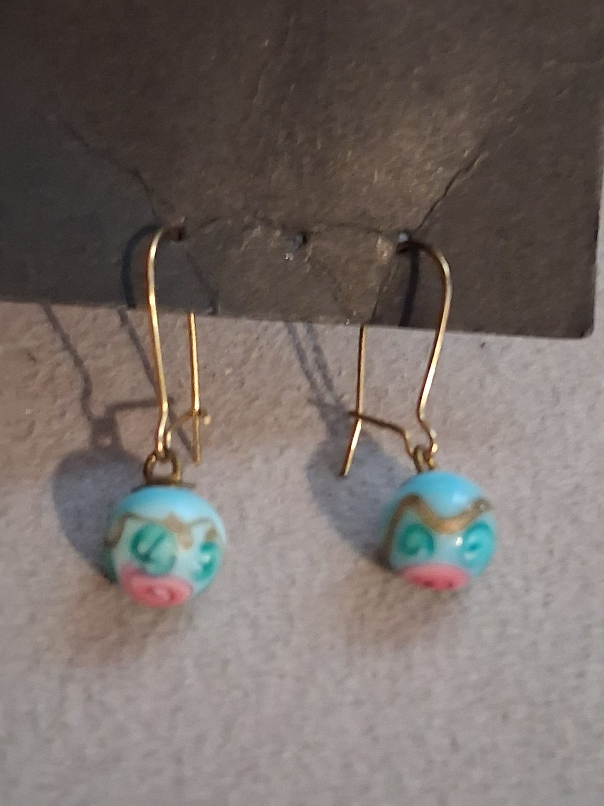 Turquoise blue lampwork bead dangle drop earrings w/pink flower, gold-plate earw