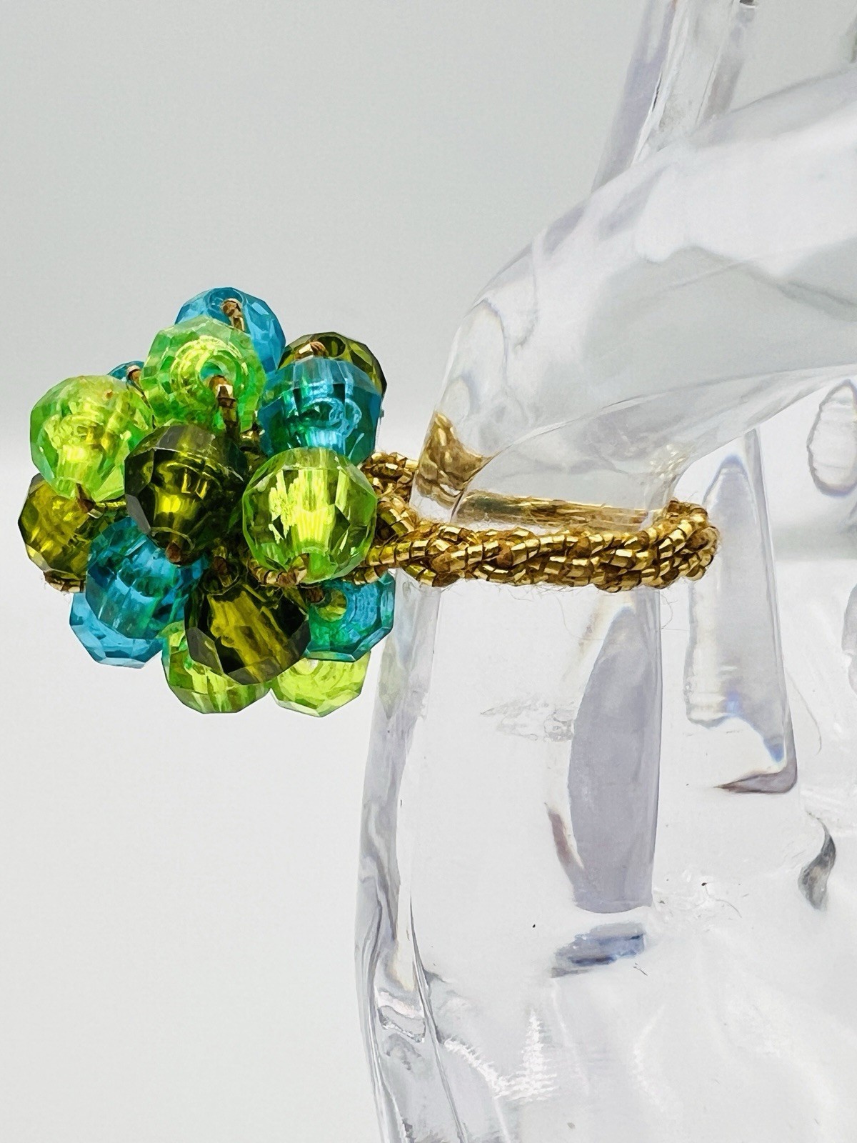 Vintage 1940’s Blue, Green & Gold Beaded Cluster Ring on Stretch Band