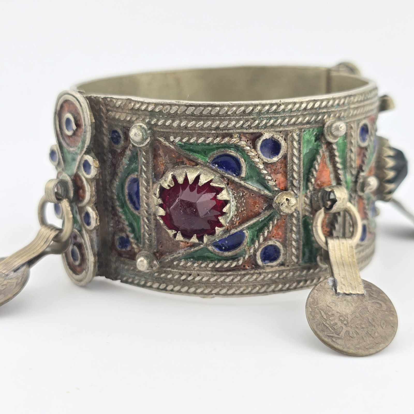 Vintage Berber Moroccan Style Enamel Cuff Bracelet Ethnic Tribal Coin Bangle