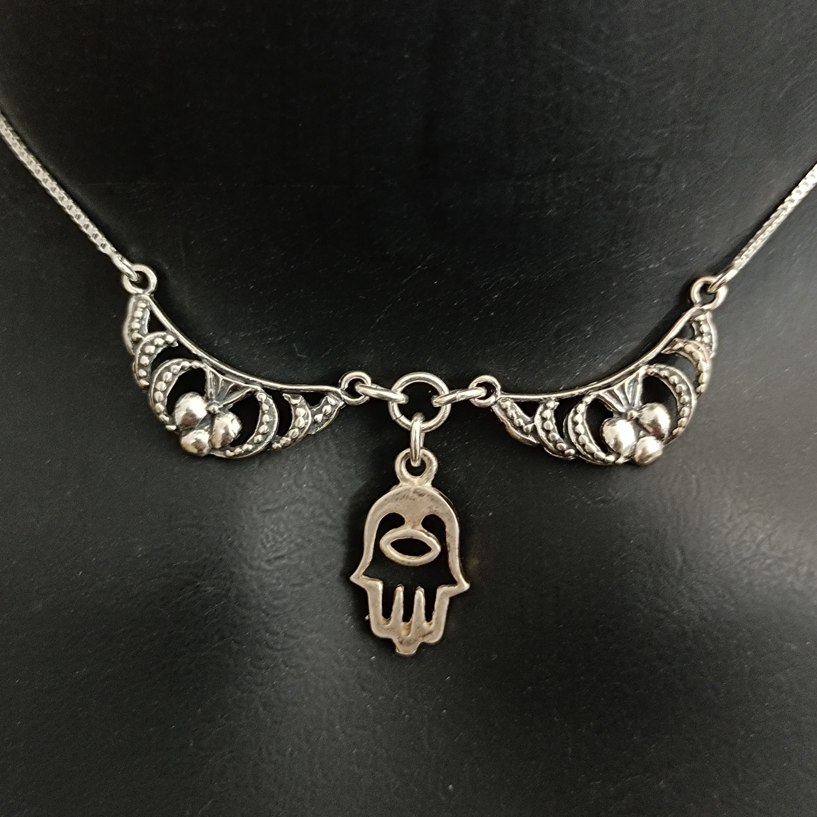 Sterling Silver Hamsa Necklace Hand of Fatima Vintage Ethnic Bib Spiritual Gift