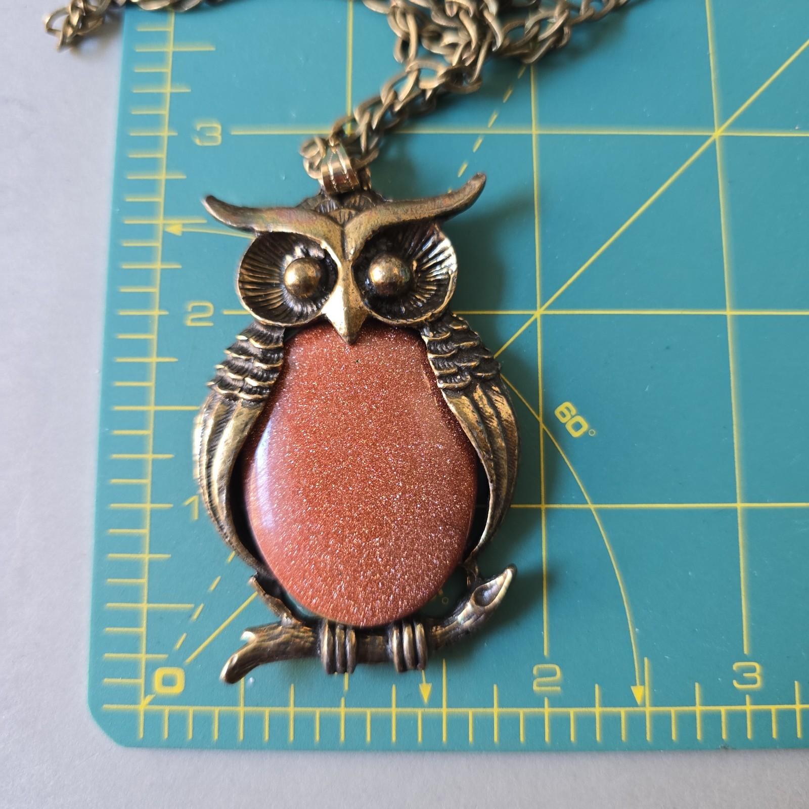 Vintage Bronze Tone Goldstone Belly Owl Pendant Chain Necklace 24″L