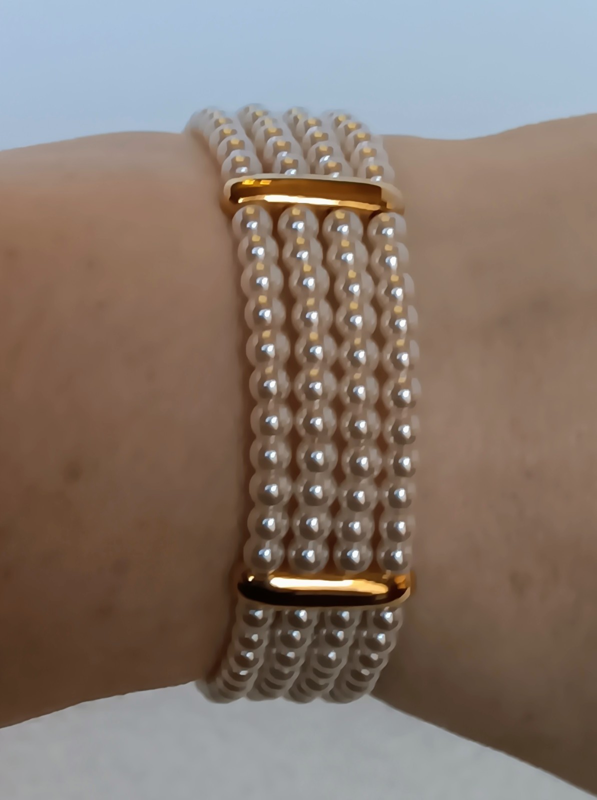 Vintage 4 Strand Faux Pearl Goldtone Tension Cuff Bracelet 7.5 in