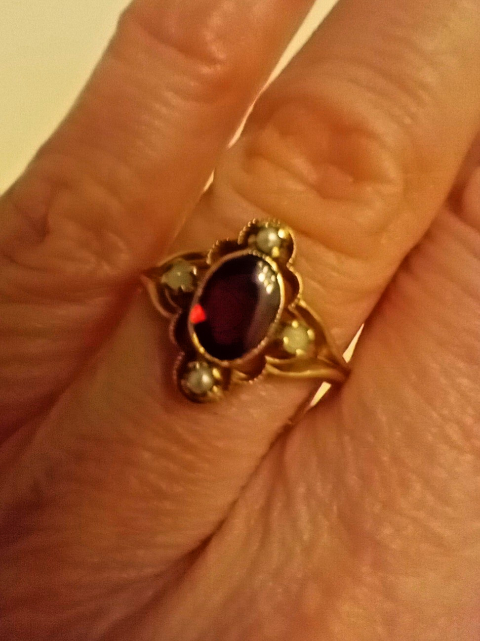 MARVELOUS ANTIQUE OSTBY BARTON 10K GOLD RED STONE SEED PEARL RING SZ 6.75 OB