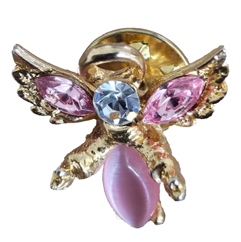Guardian Angel Lapel Pin Hat Pink Rhinestone Cats Eye Cabochon Gold Tone w/ Halo