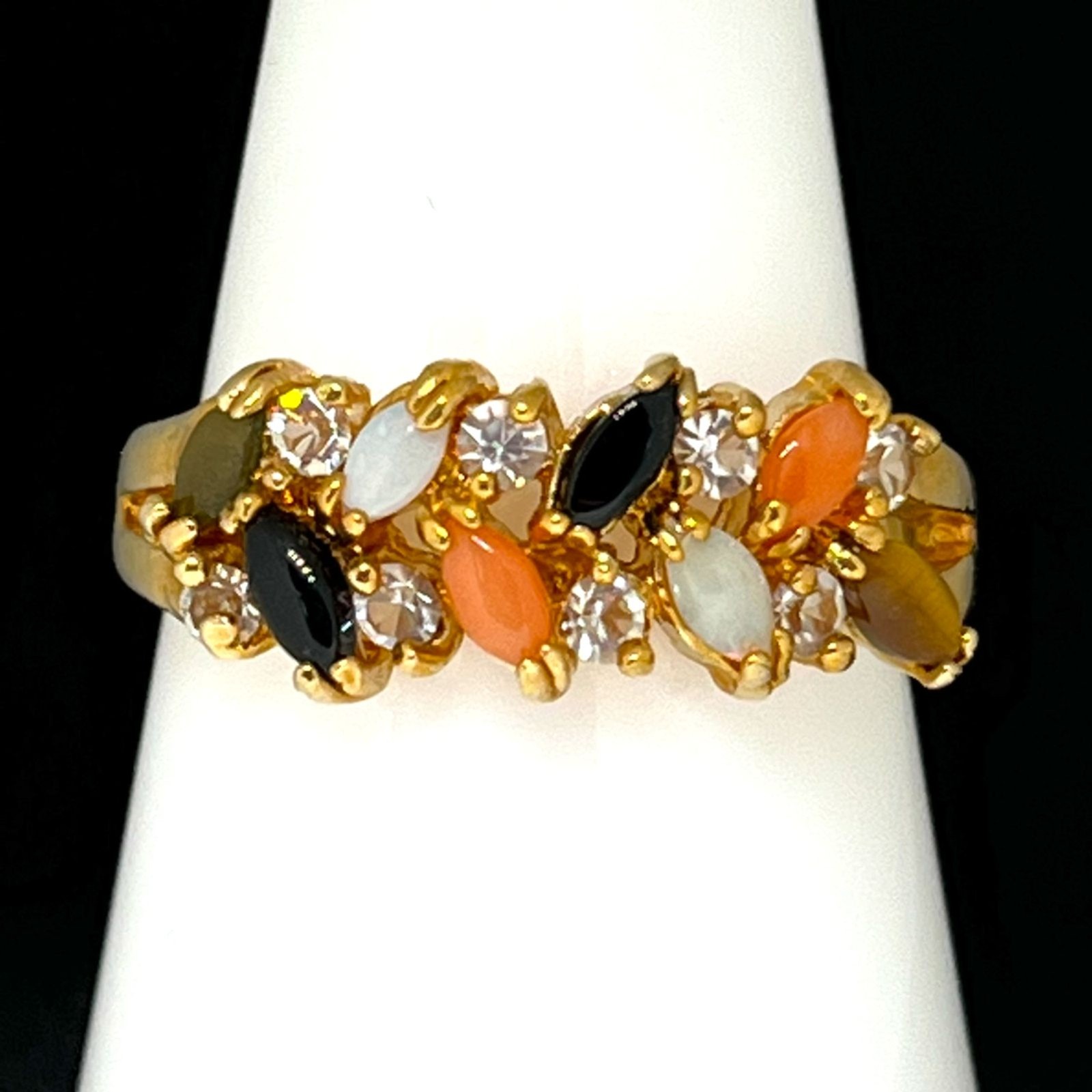 Vintage 1970s Ring Size 5 Opal Onyx Jade Tiger Eye Coral Band Gold Plate – 14M
