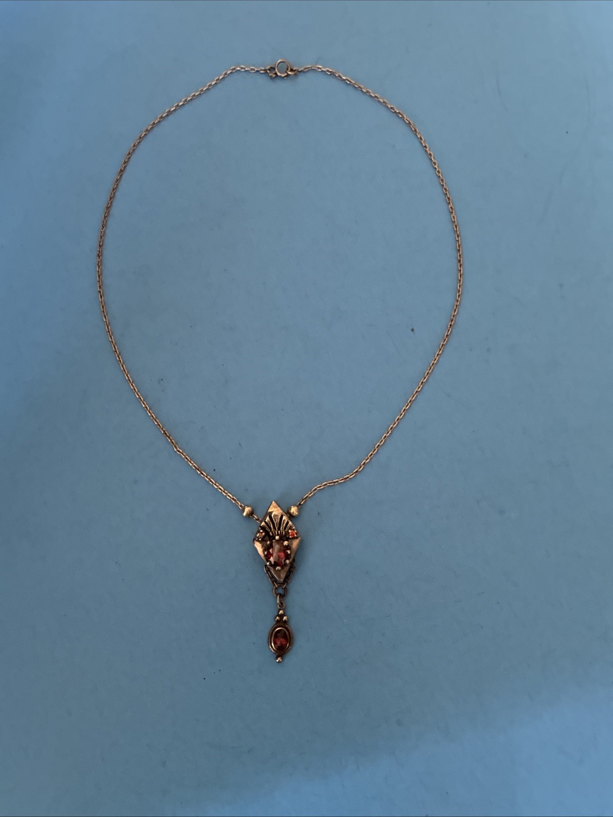 Antique Art Deco Sterling Silver Lavalier Red Garnet Pendant Necklace 17”