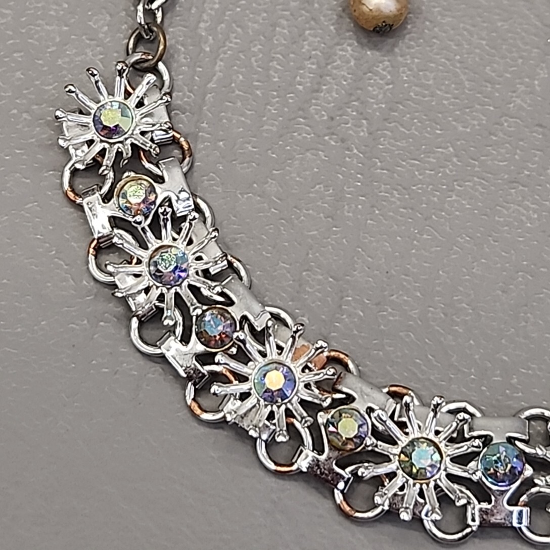Vintage Rhinestone Necklace Flower Blue AB Glass Round Silver Tone 17.5 in