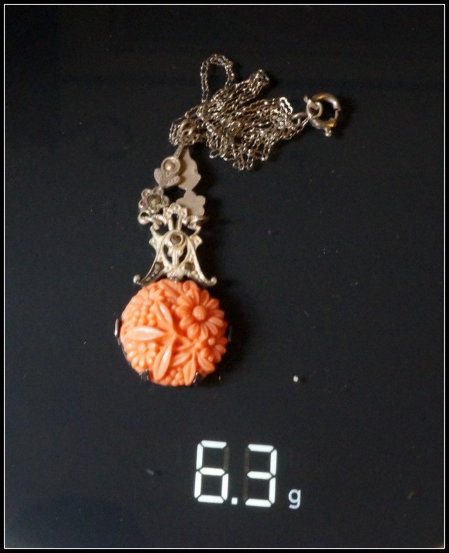 Vintage Art Deco Sterling Silver Marcasite & Molded Coral Glass Flower Pendant