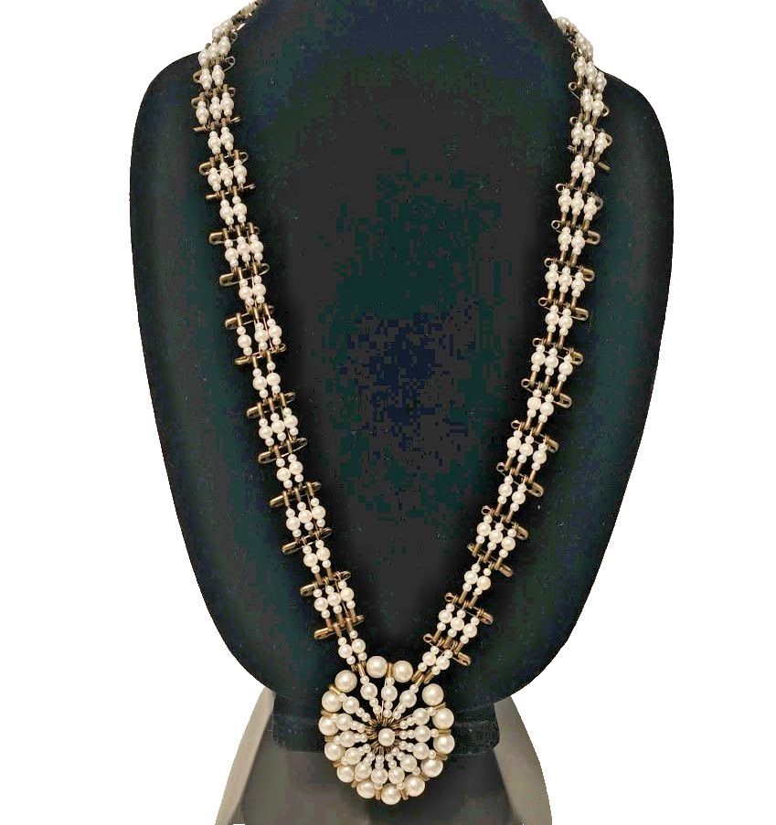 VTG Handcrafted Boho ’70s Safety Pin White Bead Faux Pearl Necklace 27″L Upcycle