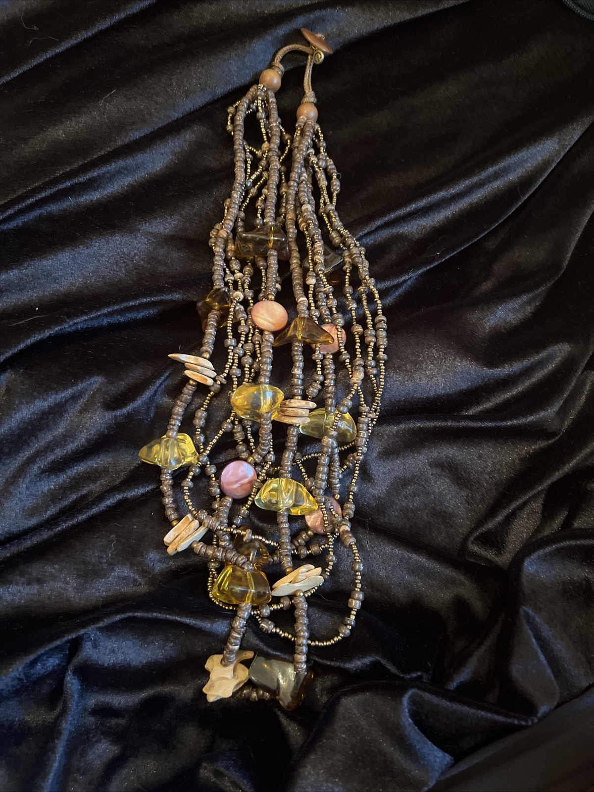 1946 Brand Brown Gold Color Lucite MOP And Wood Bead Multilayer Necklace Vtg