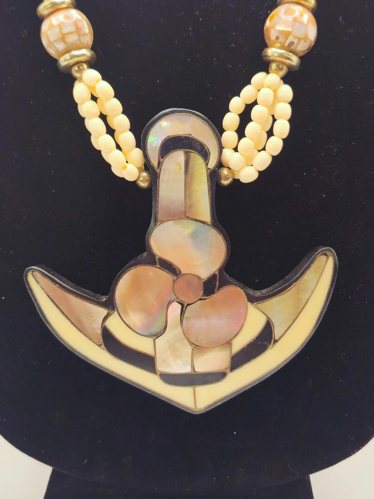 Vintage 1960s Abalone Shell Anchor Pendant Necklace Mid-Century Nautical Beaded