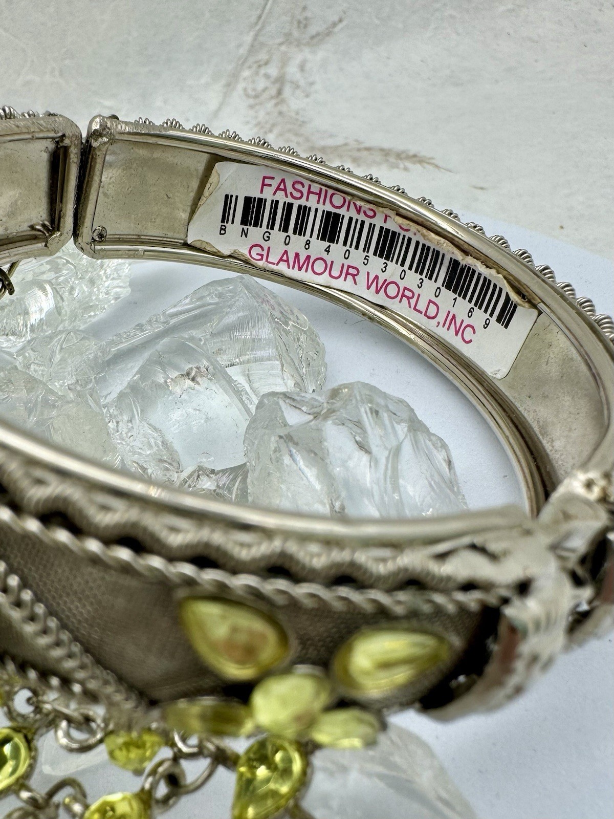 VTG Boho Slave Bracelet Bangle Peridot Rhinestones Sizeable Ring Chain Link