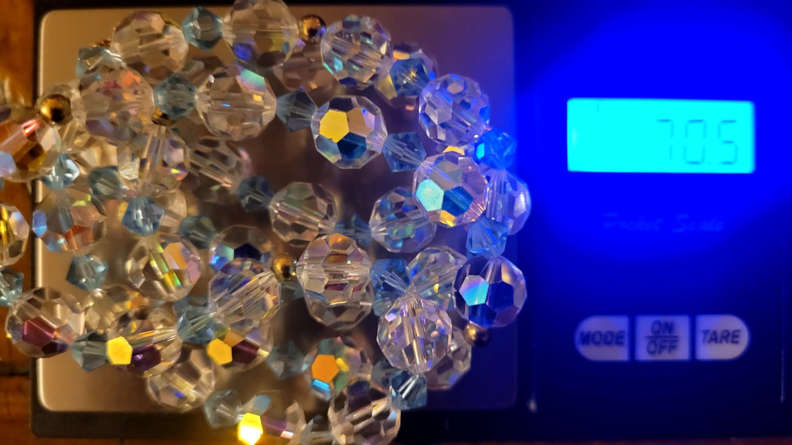 Vintage Czech 25” Necklace Crystal AB Aurora Borealis Faceted Blue Ball Glass