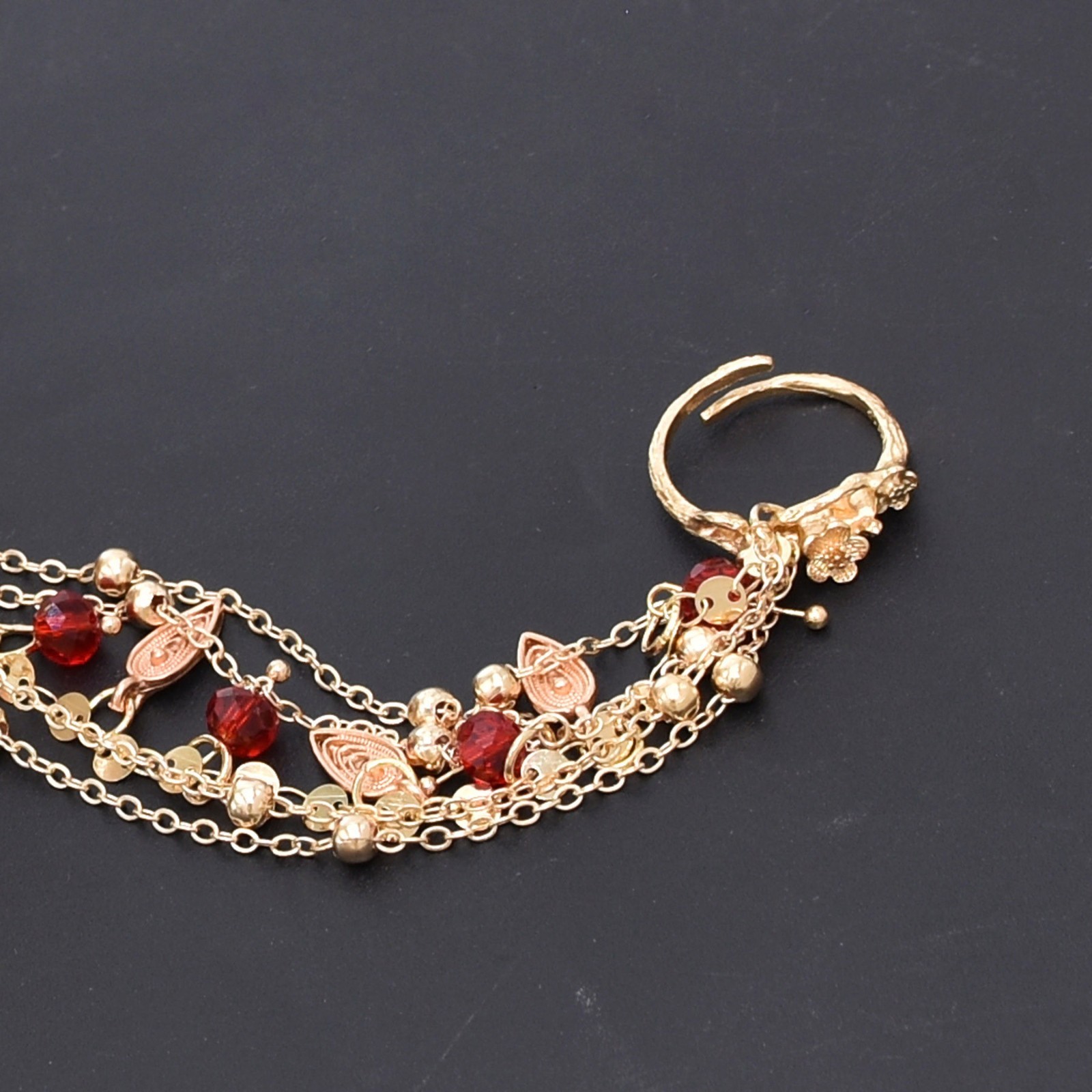 Gold Tone Vintage Cuff Bracelet with Ring Red Beads Chain Bell Gift for Women