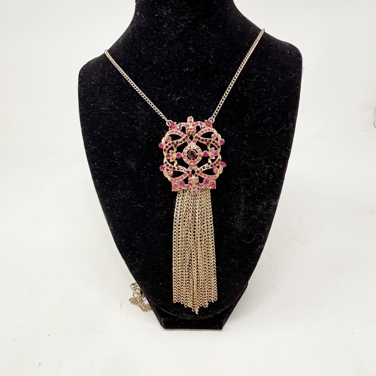 Round Entwined Pink Red Stone Filigree Necklace With Fringe Detail Up To 24”