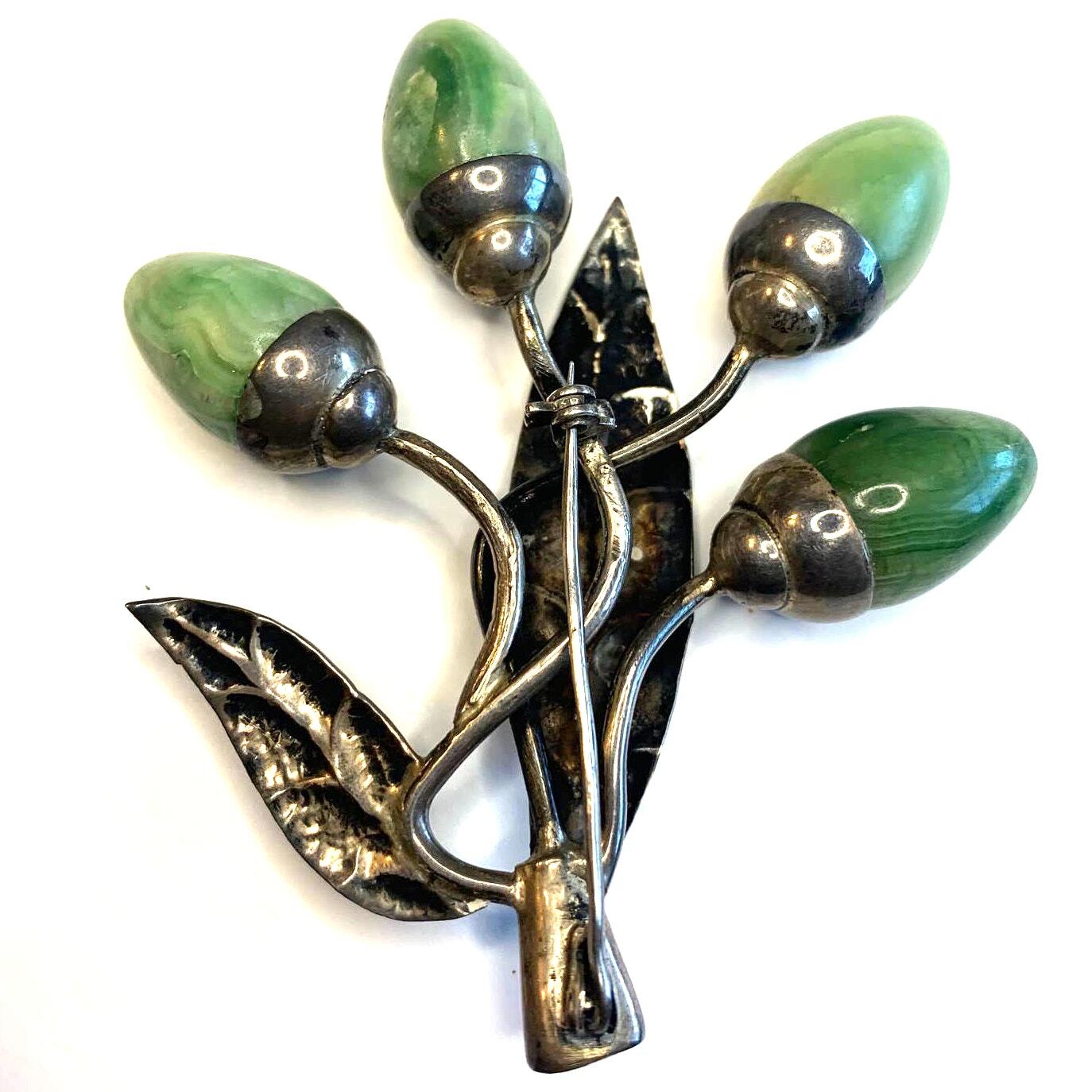 Vintage Mexico Silver and Green Agate Flower Bud Brooch Pin