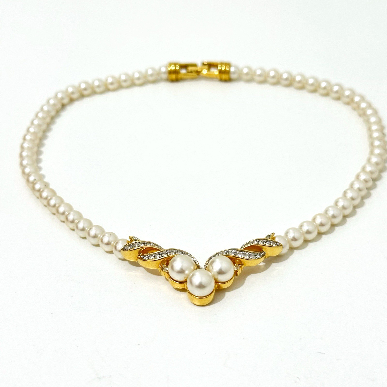 Vintage Faux Pearl Rhinestone Necklace Gold Tone Formal Bridal Wedding 45cm