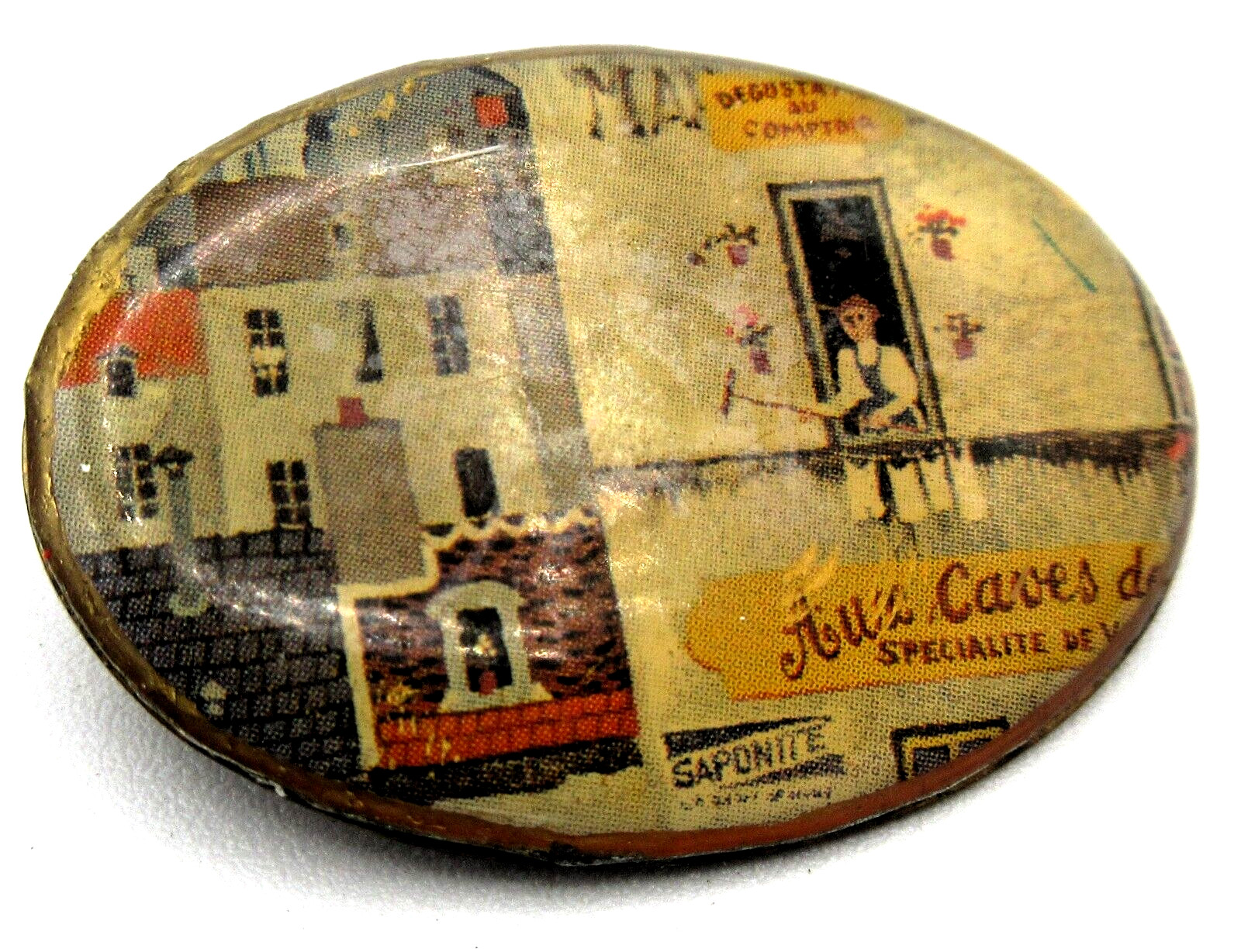 VTG OLD C CLASP UNUSUAL MAN HOUSES STORE metal Brooch Silver tone Pin red blue