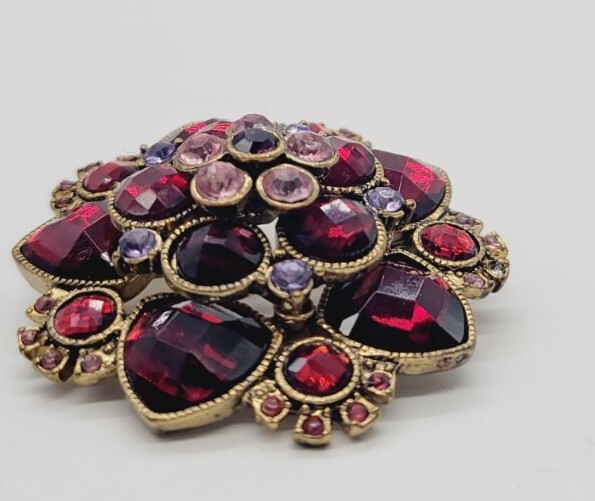 Flower Brooch Pin PURPLE pink Red Gold tone 1.75 in 3D Art Deco Vintage