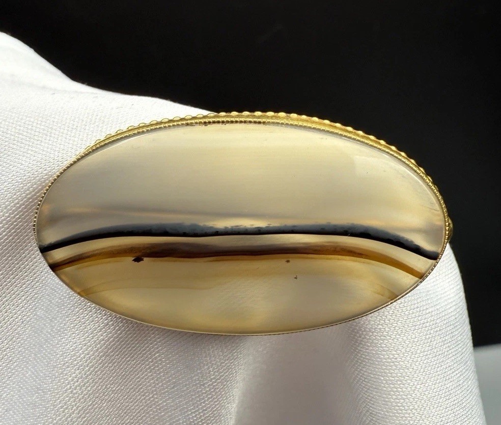 Brooch Pin Vintage Oval Banded Agate Gold Tone 4cm Long