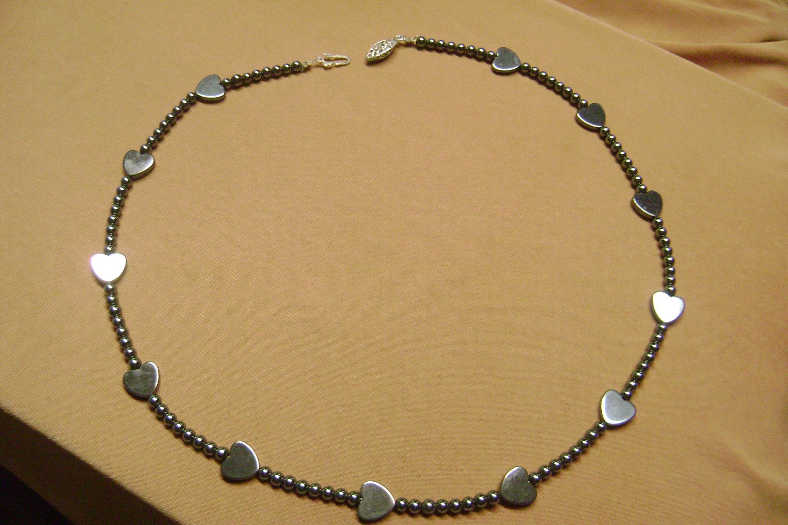 VINTAGE HEMATITE GREY HEART, ROUND BEADED 20″ LENTH NECKLACE- FILIGREE CLASP