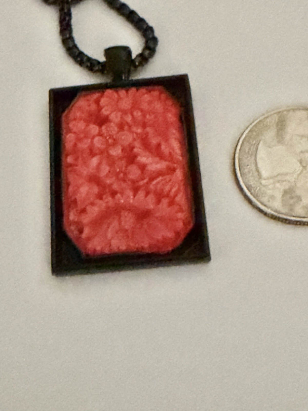 Art Deco Upcycled Bohemian Molded Coral Flowers Glass Black Rim Pendant Necklace