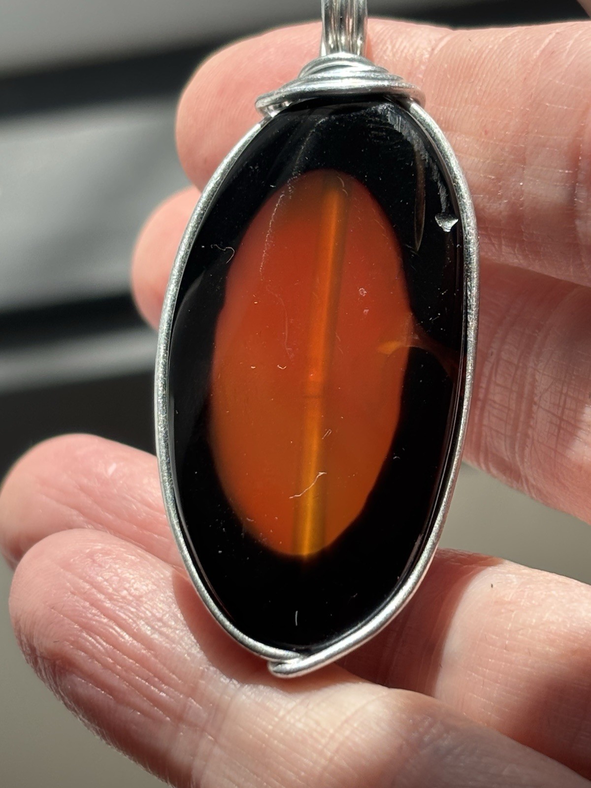 Handmade Wire Wrapped Pendant Dk Amber Orange Translucent Stone or Glass Artisan