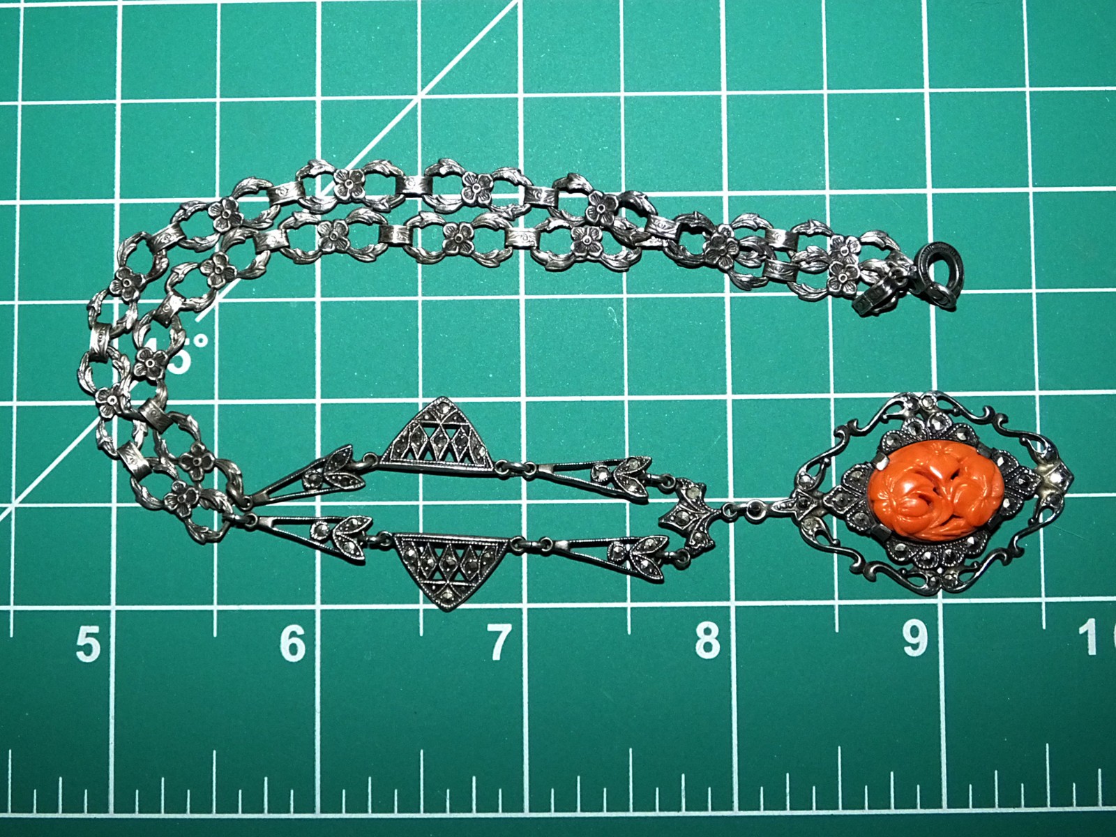 Antique Edwardian Art Deco Floral Carved Faux Coral Marcasite Sterling Necklace