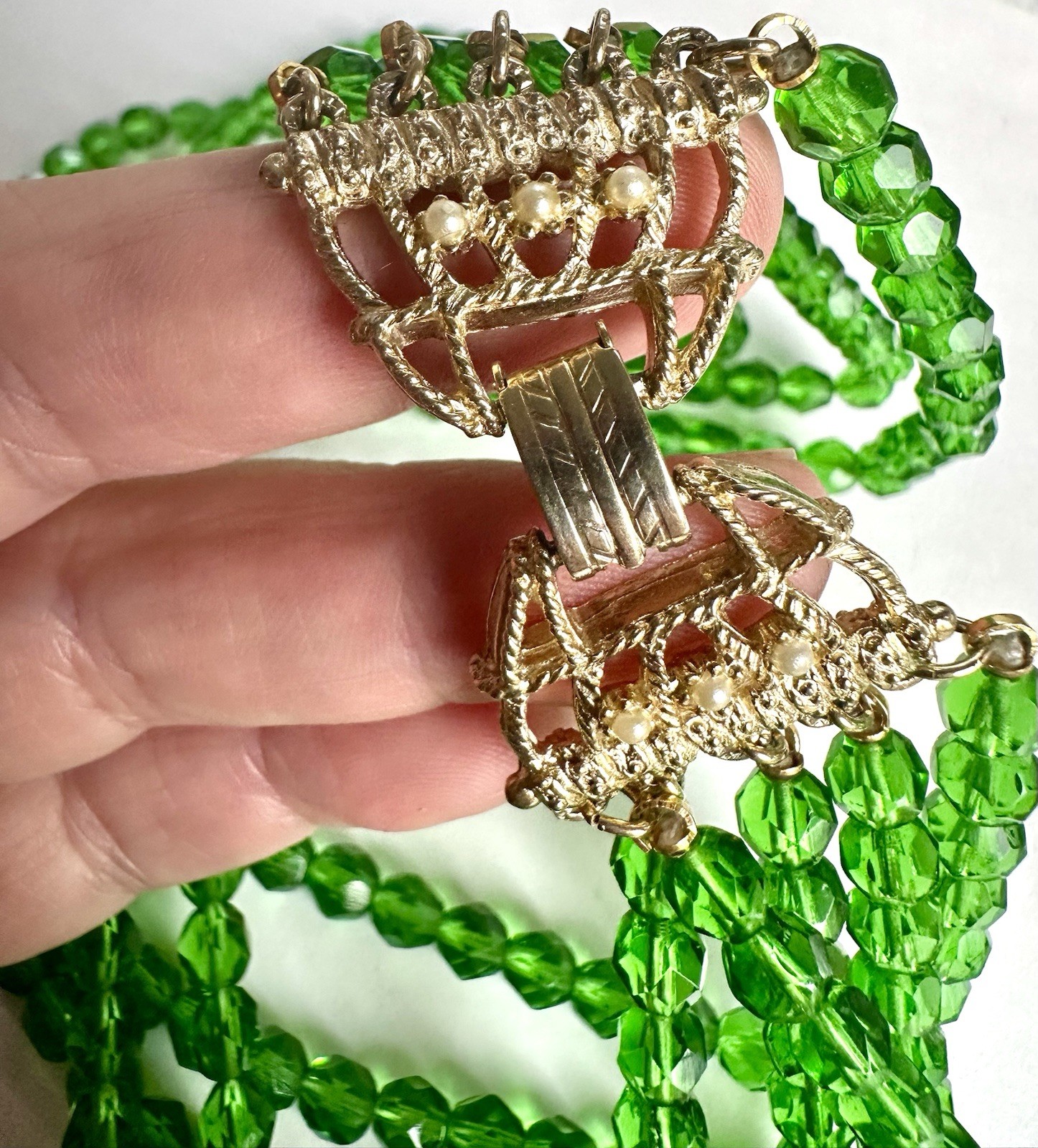 VTG Etruscan Revival Vivid Green Heavy 5-strand Glass Necklace Faux Pearls