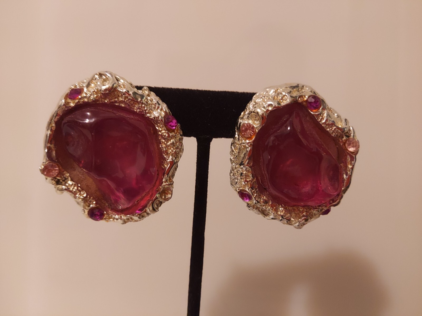 purple lavender lozenge crinkled metal earrings statement posts rhinestones 1.5″