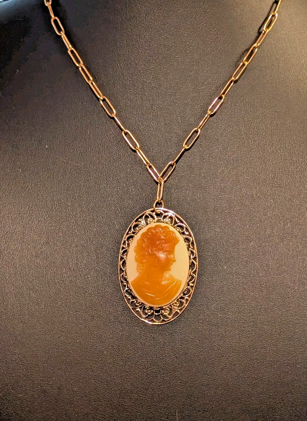 Vintage Gold Tone Cameo Pendant Orange Cream Resin Lady Profile Filigree