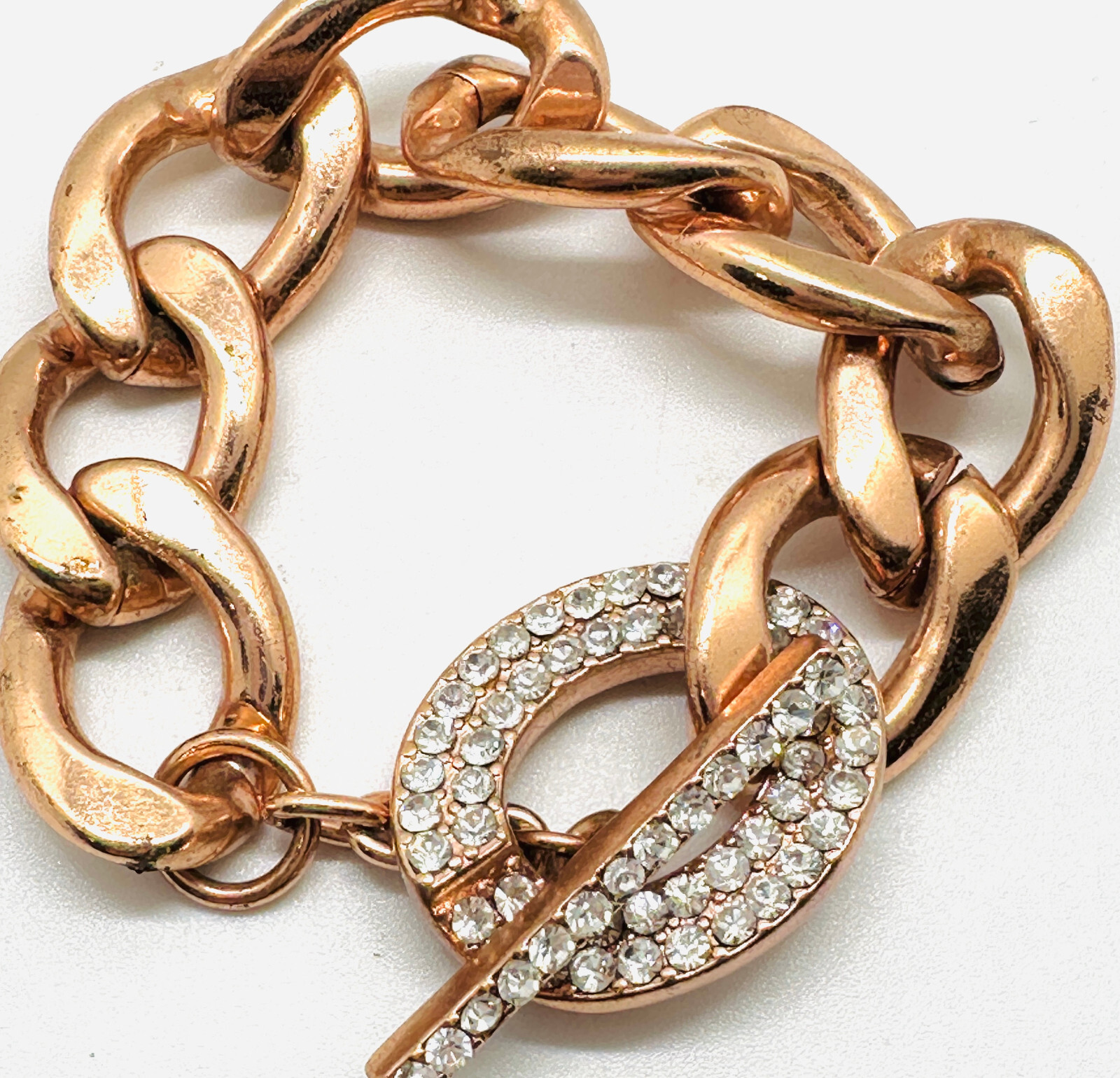 Vtg Copper Color Chunky Link Rhinestone Toggle Bracelet 7.5″ Minty Condition